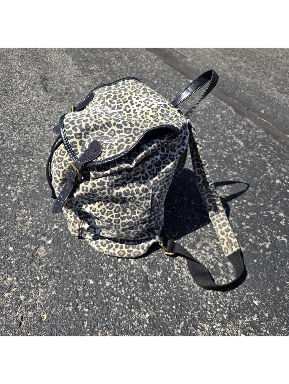 Leopard Print Vegan Leather Straps 90's Grunge Indie Sleaze Drawstring Backpack - Picture 4 of 8